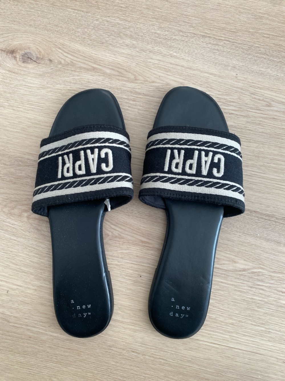 CAPRI Black Slide Sandals with Beige Trim